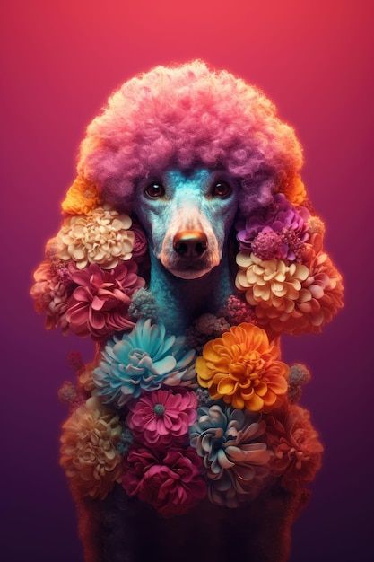 Ai generated illustration of a poodle dog sitting among a stunning array of vivid wildflowers | Premium AI-generated image