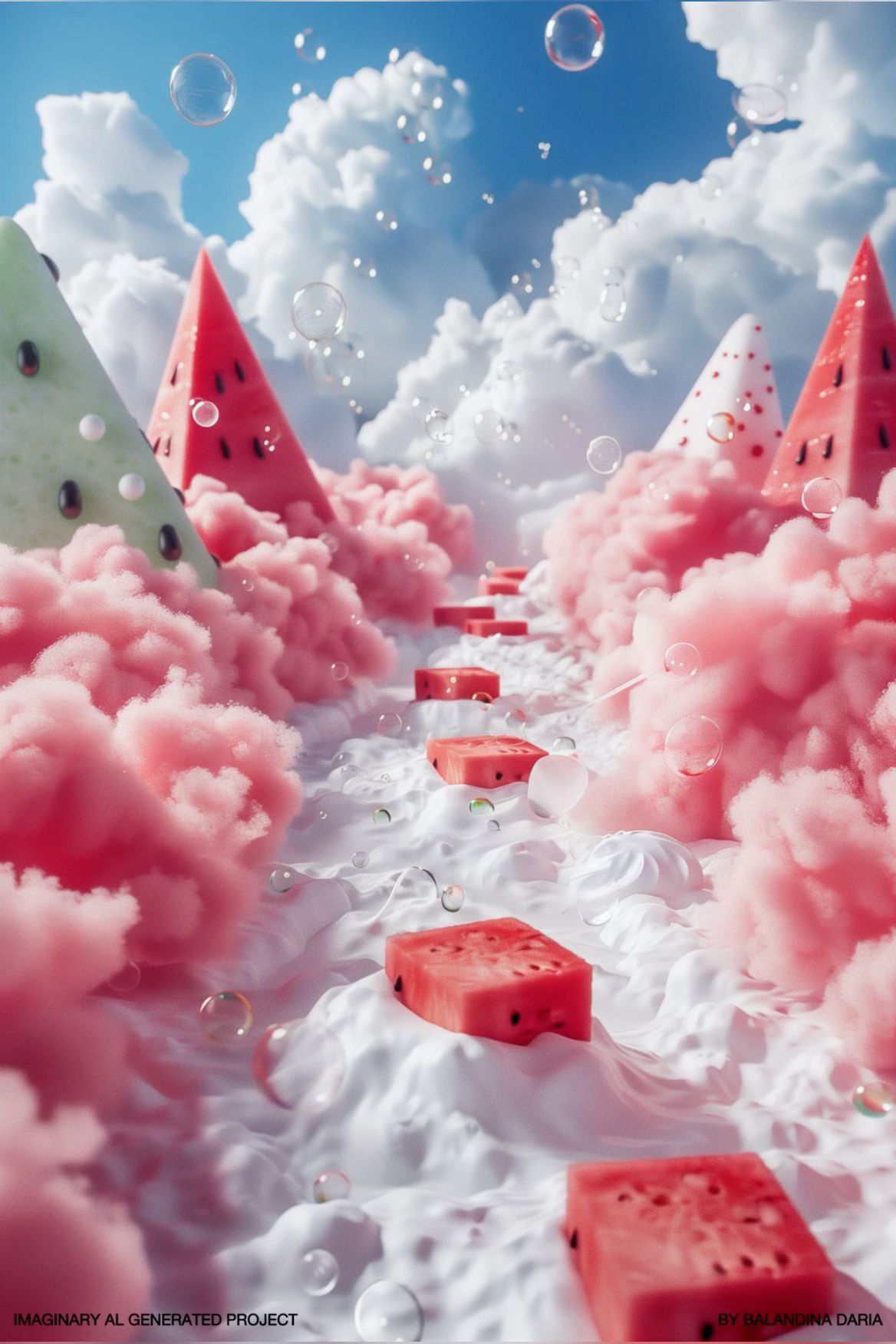 Арбуз/ молочная река/ волшебная страна/ мыльные пузыри/ нейросеть/ ИИ/ magic pink landscape