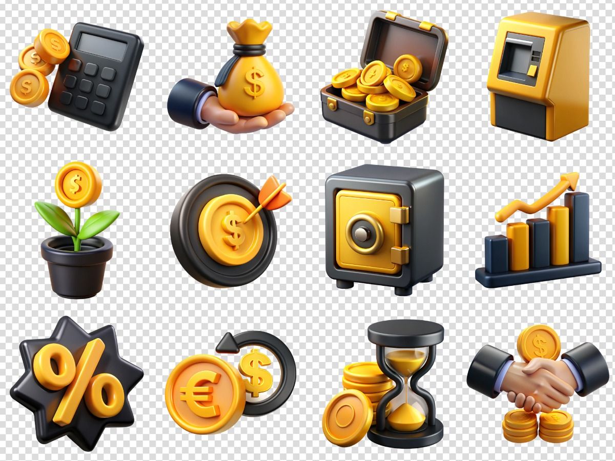 Collection of business and finance black and golden 3d icons for fintech app and web design