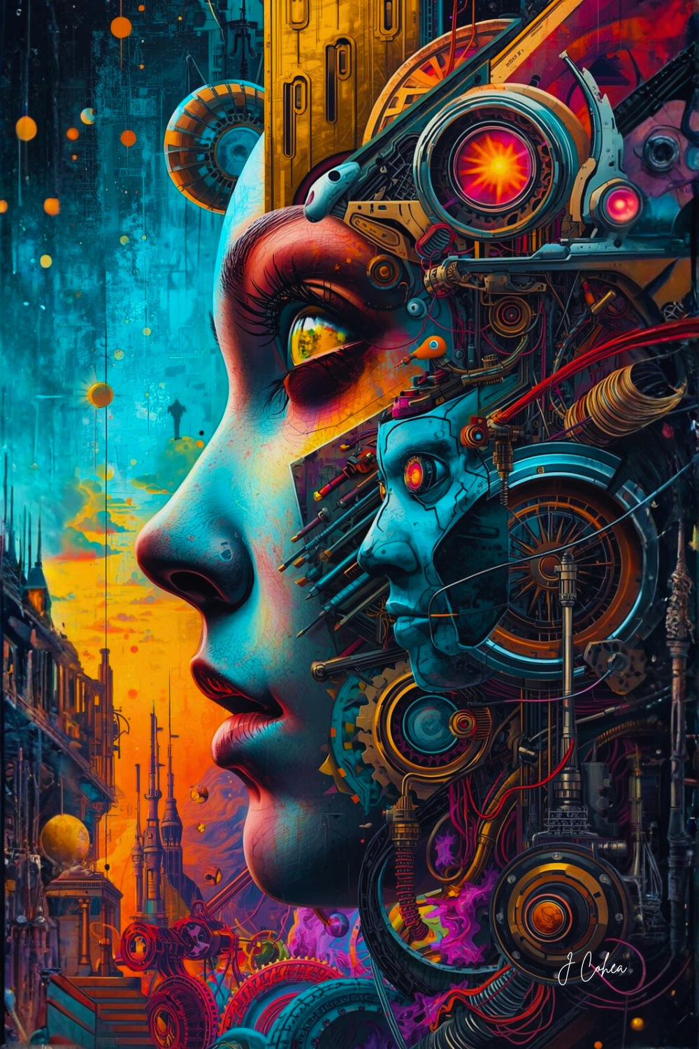 Vibrant Cyberpunk Art — Futuristic Female Portrait with Surreal Sci-Fi Details