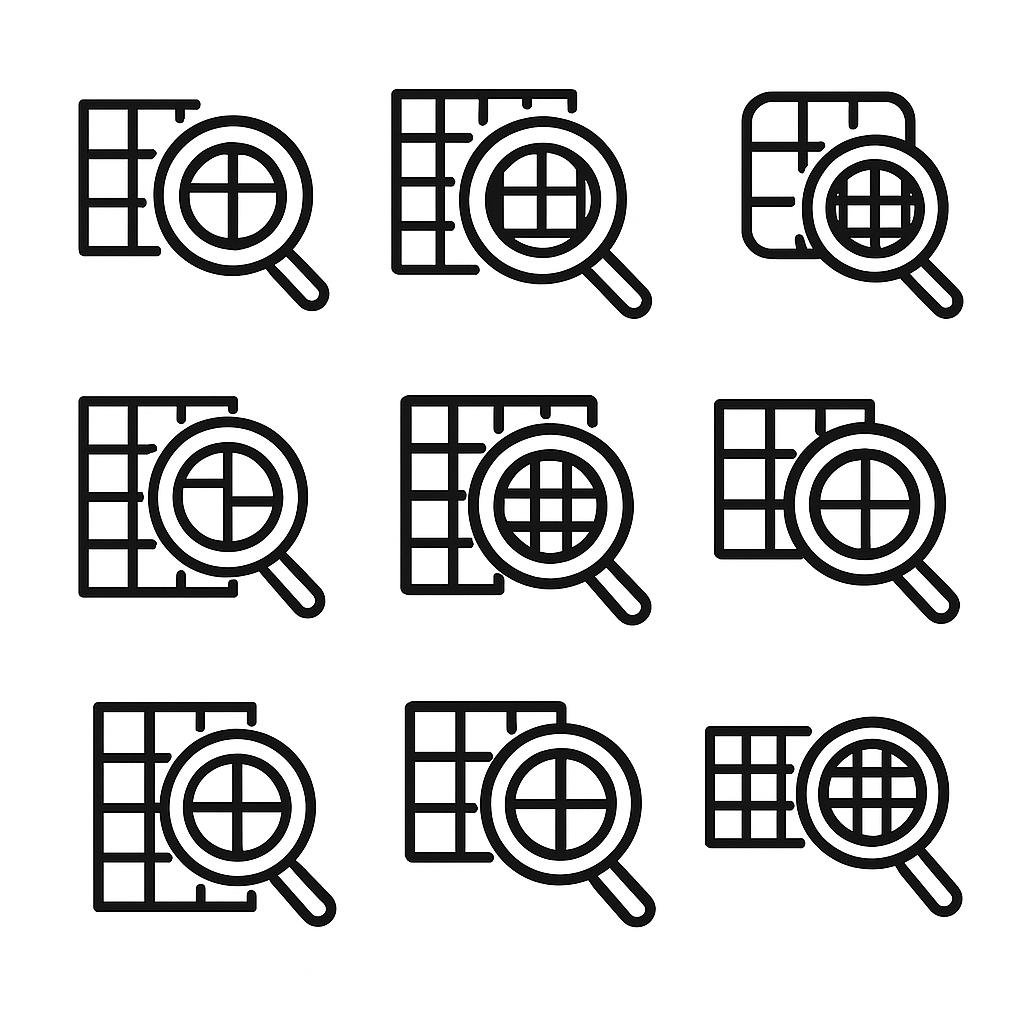 pixel grid magnifying glass vector icon set