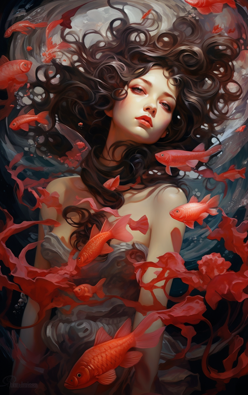 a painting of a woman surrounded by fish