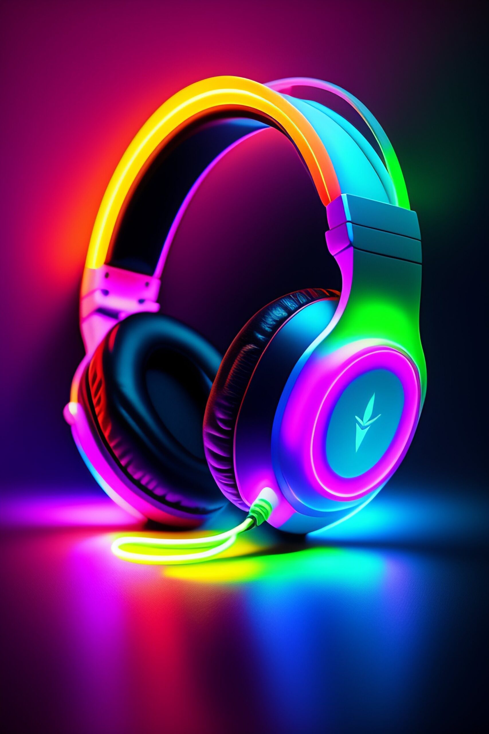 Headphones in neon light background black. picture
