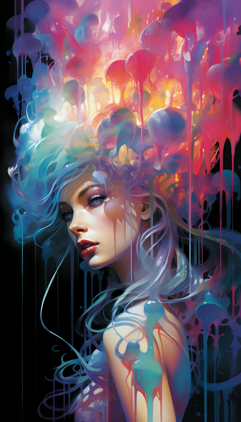 a painting of a woman with colorful hair