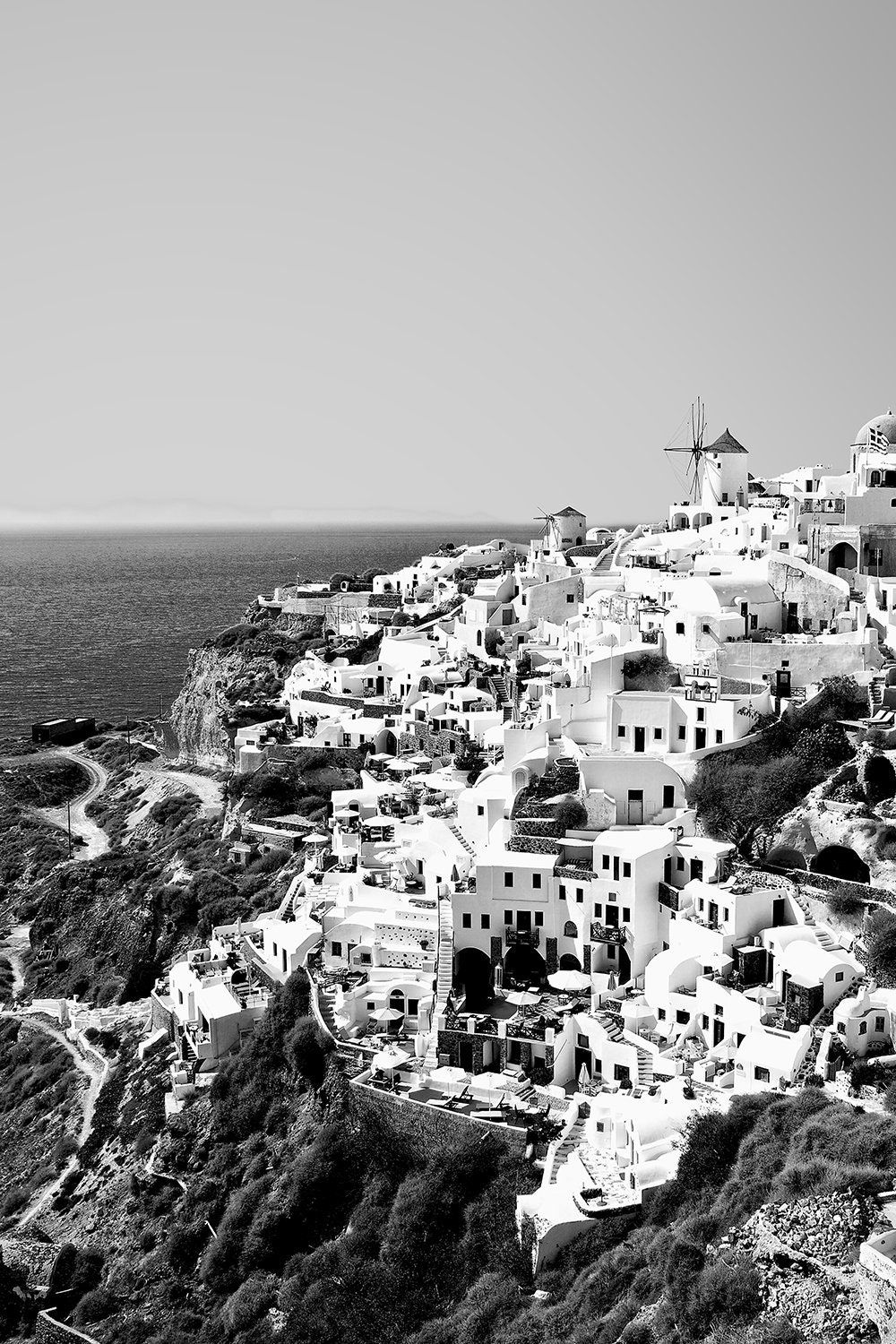 Santorin Grèce photo noir et blanc téléchargement instantané, photo unique pour la décoration intérieure, photographie originale